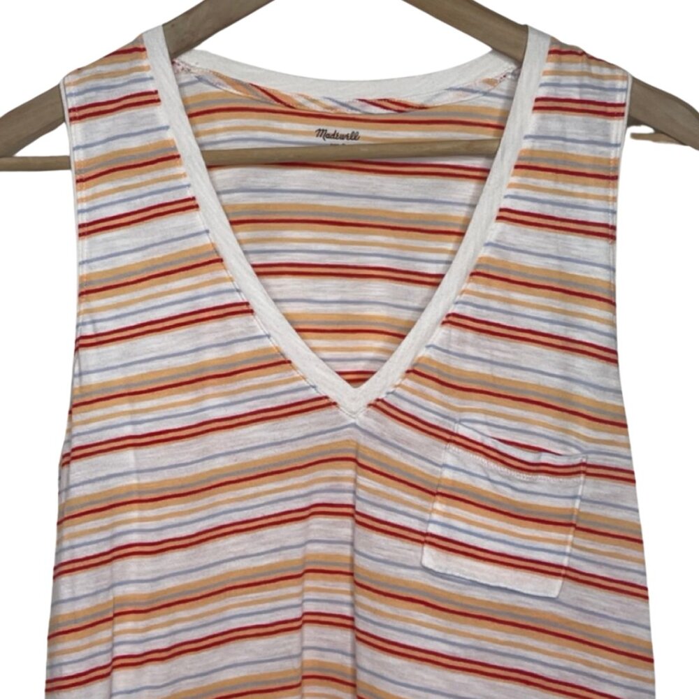 MADEWELL | Orange Striped Whisper Cotton V-Neck Pocket Tank | Size S - Picture 3 of 13